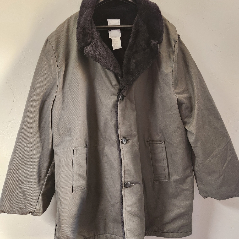 Vintage Haband Green Coat Size XL Faux Teddy Fur Lined Four Neck Button USA 80s‎